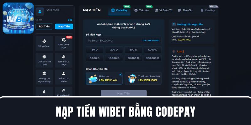 Nạp tiền WIBET bằng Codepay