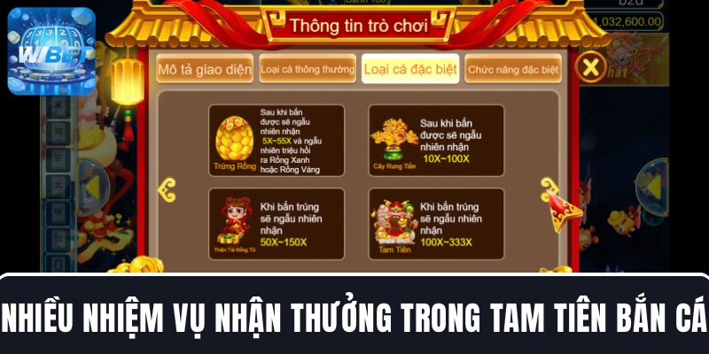 Nhiều nhiệm vụ nhận thưởng trong Tam Tiên Bắn Cá